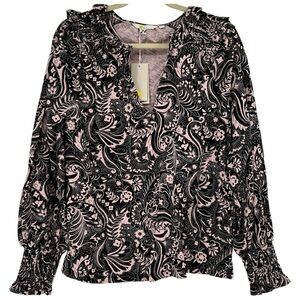 NEW BODEN Notch Neck Smocked Black Frill Top Paisley Dot Size 12